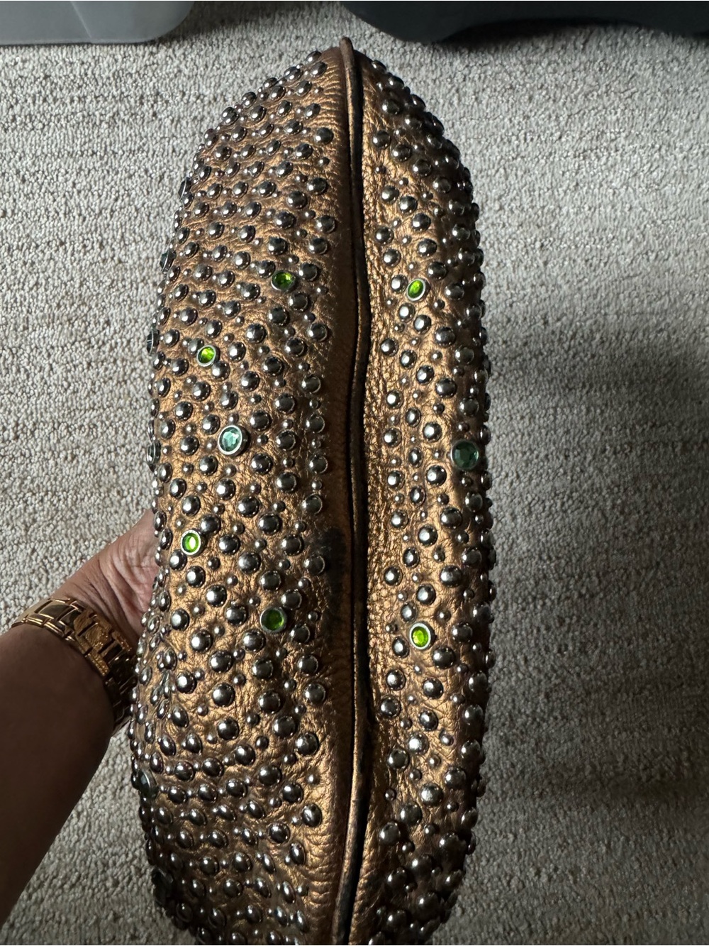 Y2K G Series Cole Haan Bronze Leather Studded Crystal Hobo Shoulder Bag - Picture 15 of 16